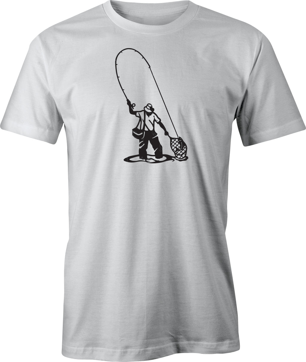 Fly fisherman netting the trout drawing printed on Men's T shirt