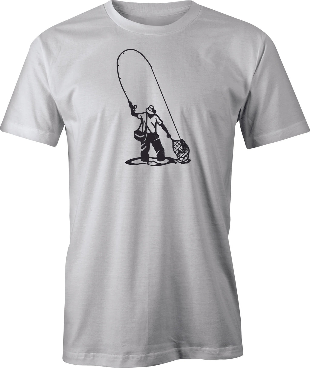 Fly fisherman netting the trout drawing printed on Men's T shirt