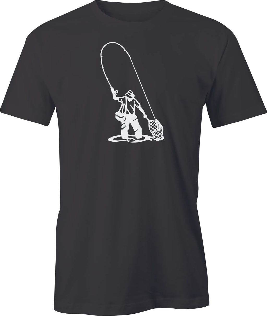 Fly fisherman netting the trout drawing printed on Men's T shirt