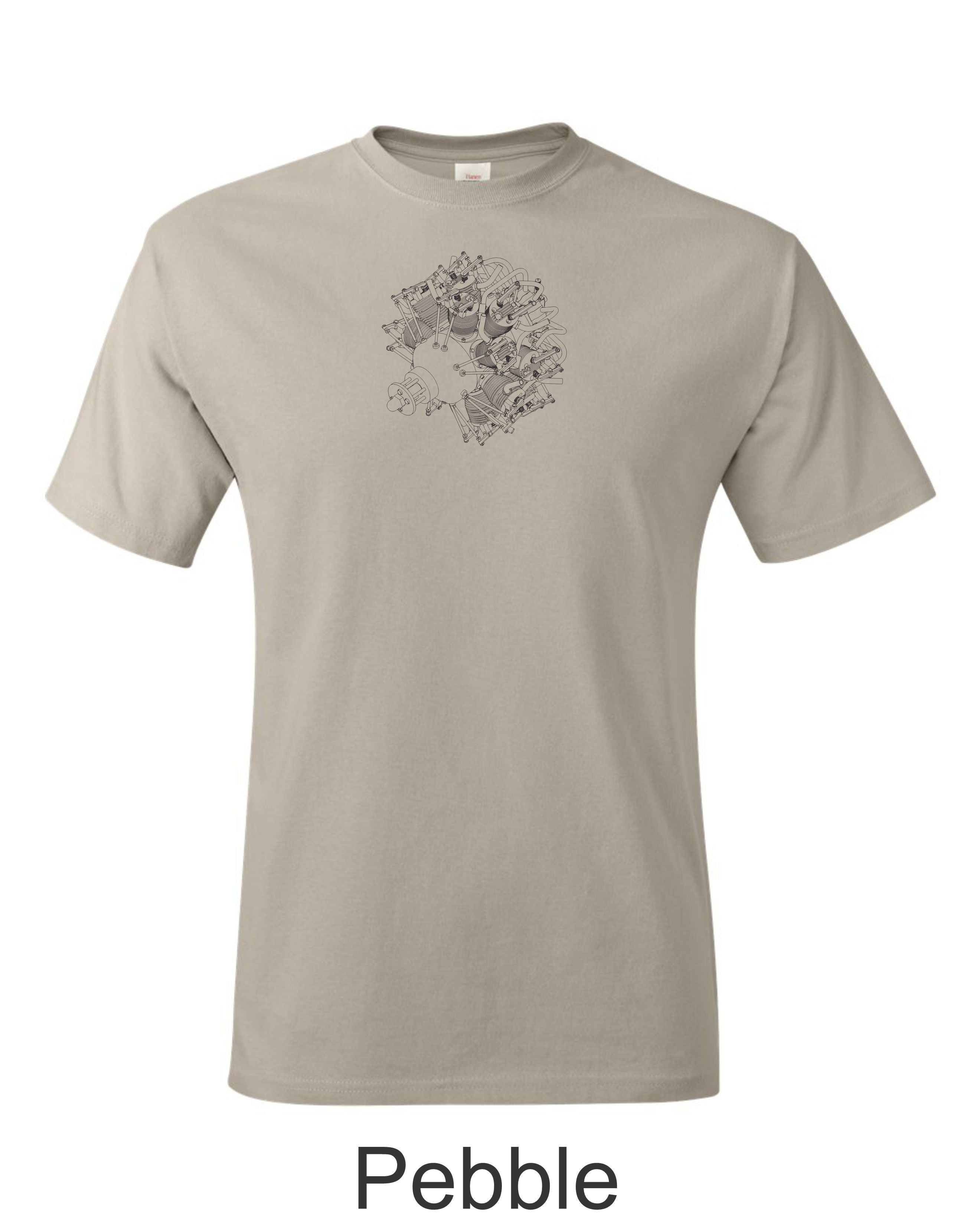 2 row radial engine drawing printed on men's shirt. Free shipping.