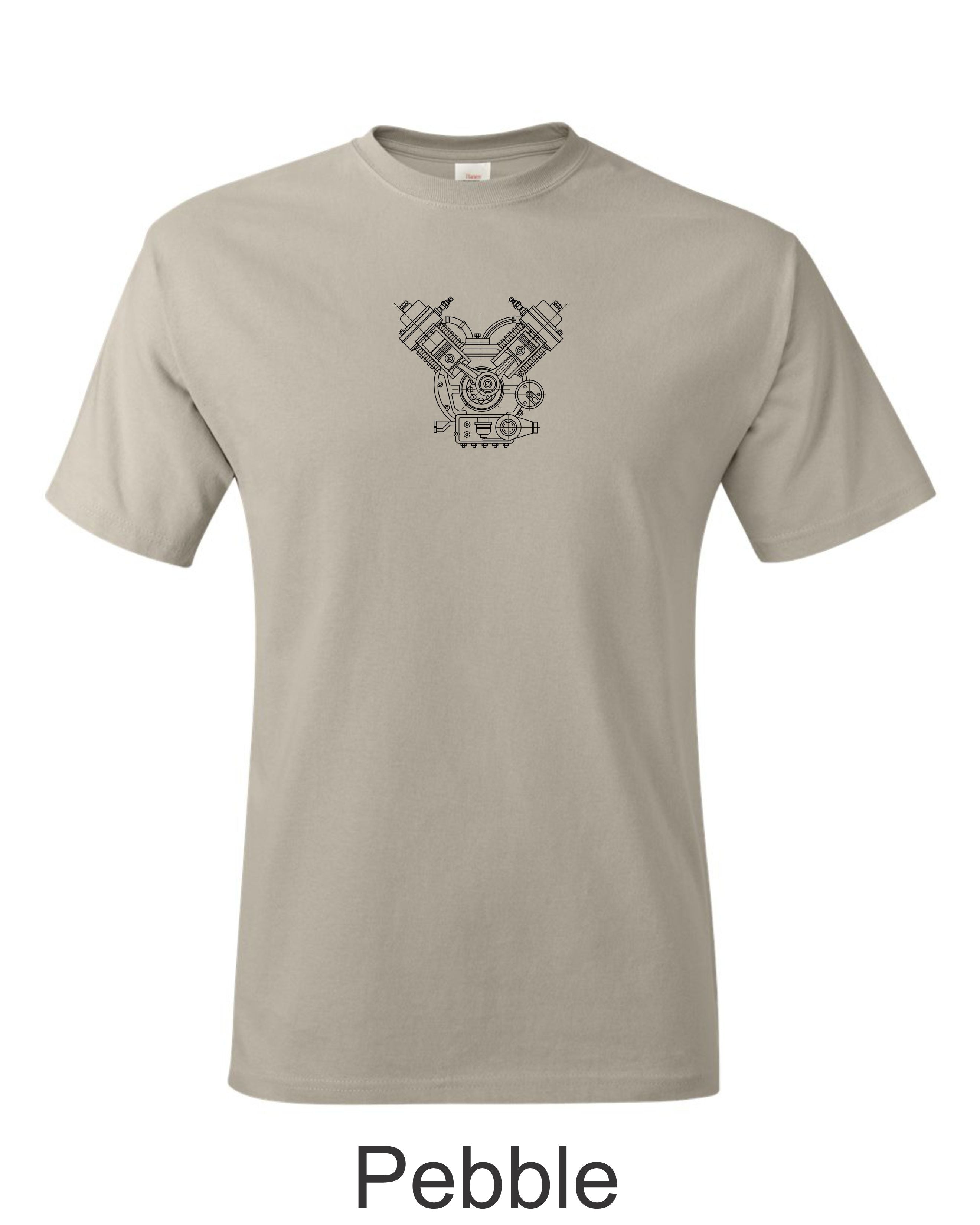 V twin Cut-a-way drawing printed on mens shirt. Great gift for the Harley fan.
