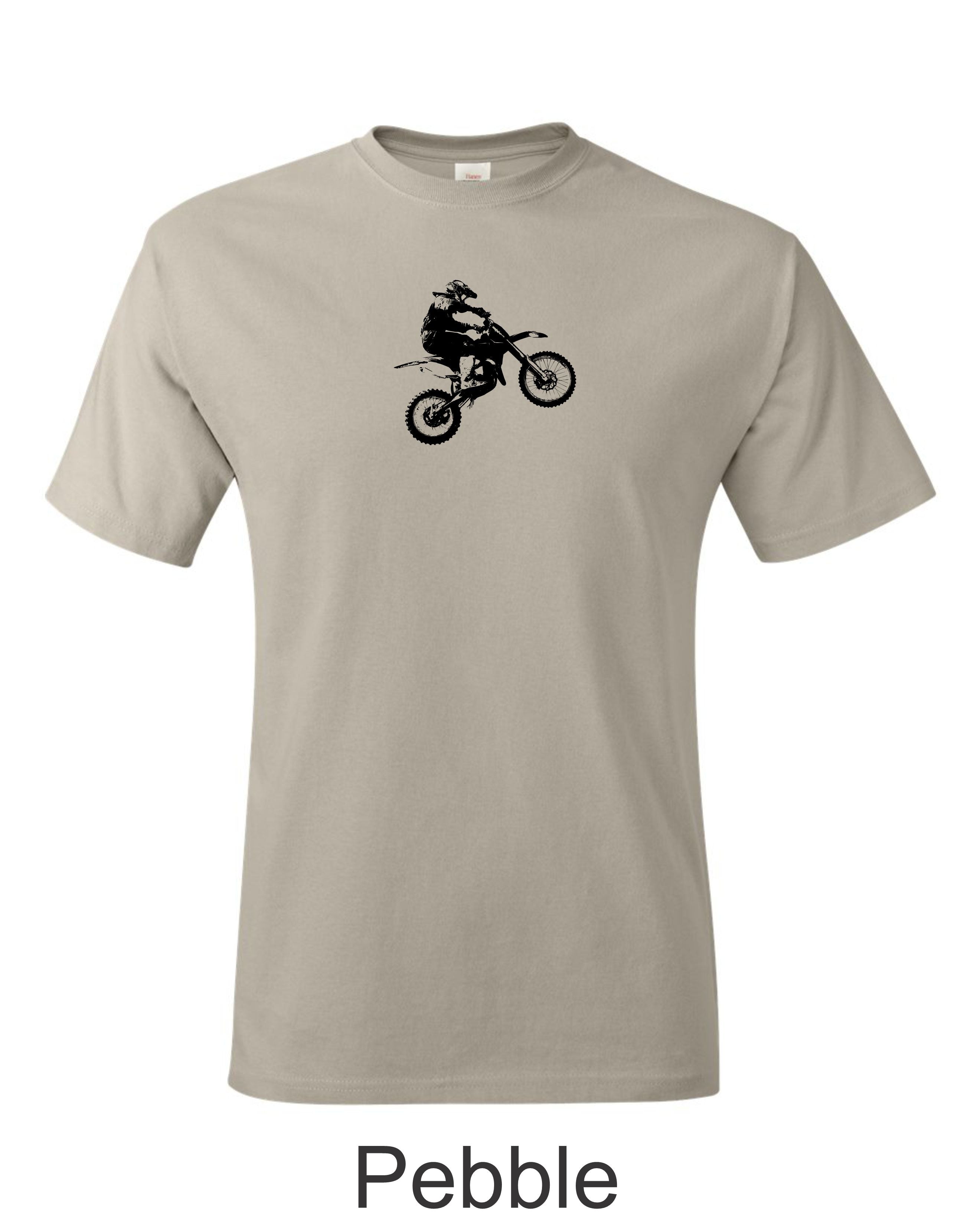 Motocross bike printed on men's shirt.  great for the dirtbike rider.