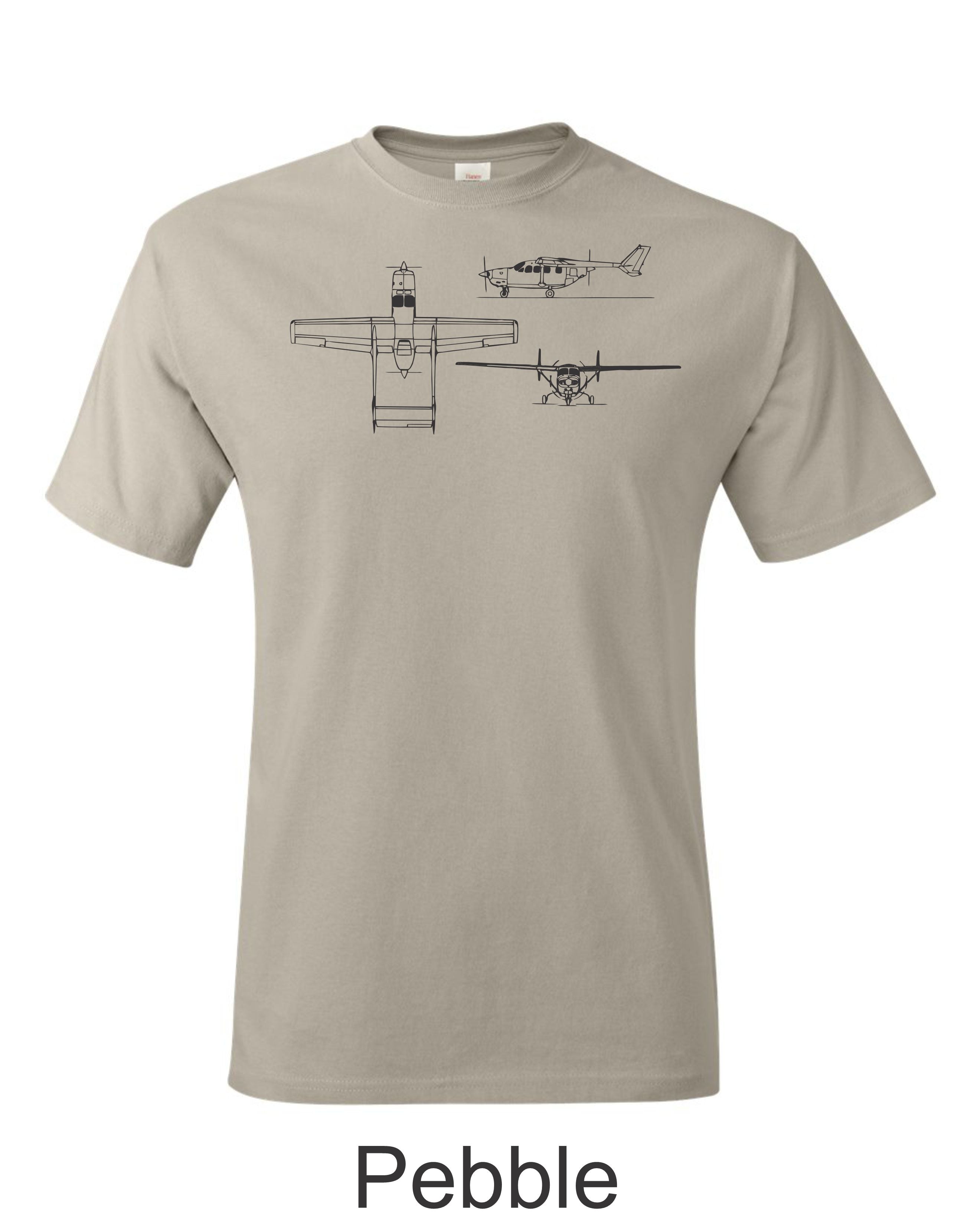 Cessna 337 Skymaster 3 view drawing printed on Men's shirt. Free shipping.