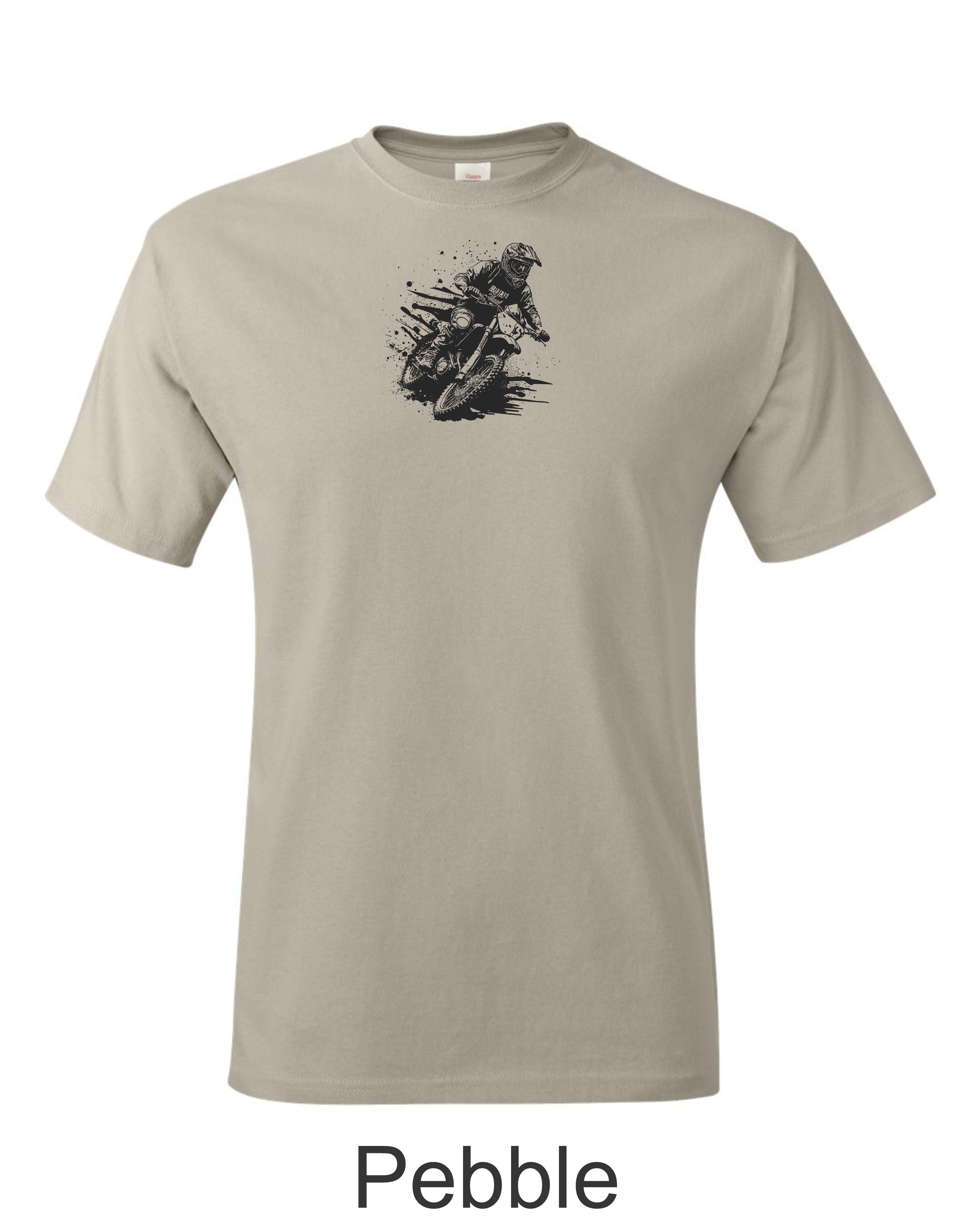 Motocross racer printed on mens shirt. Great for dirt bike rider.