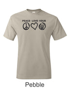 Peace Love VDUB print on mens shirt. Great gift for the Bug lover