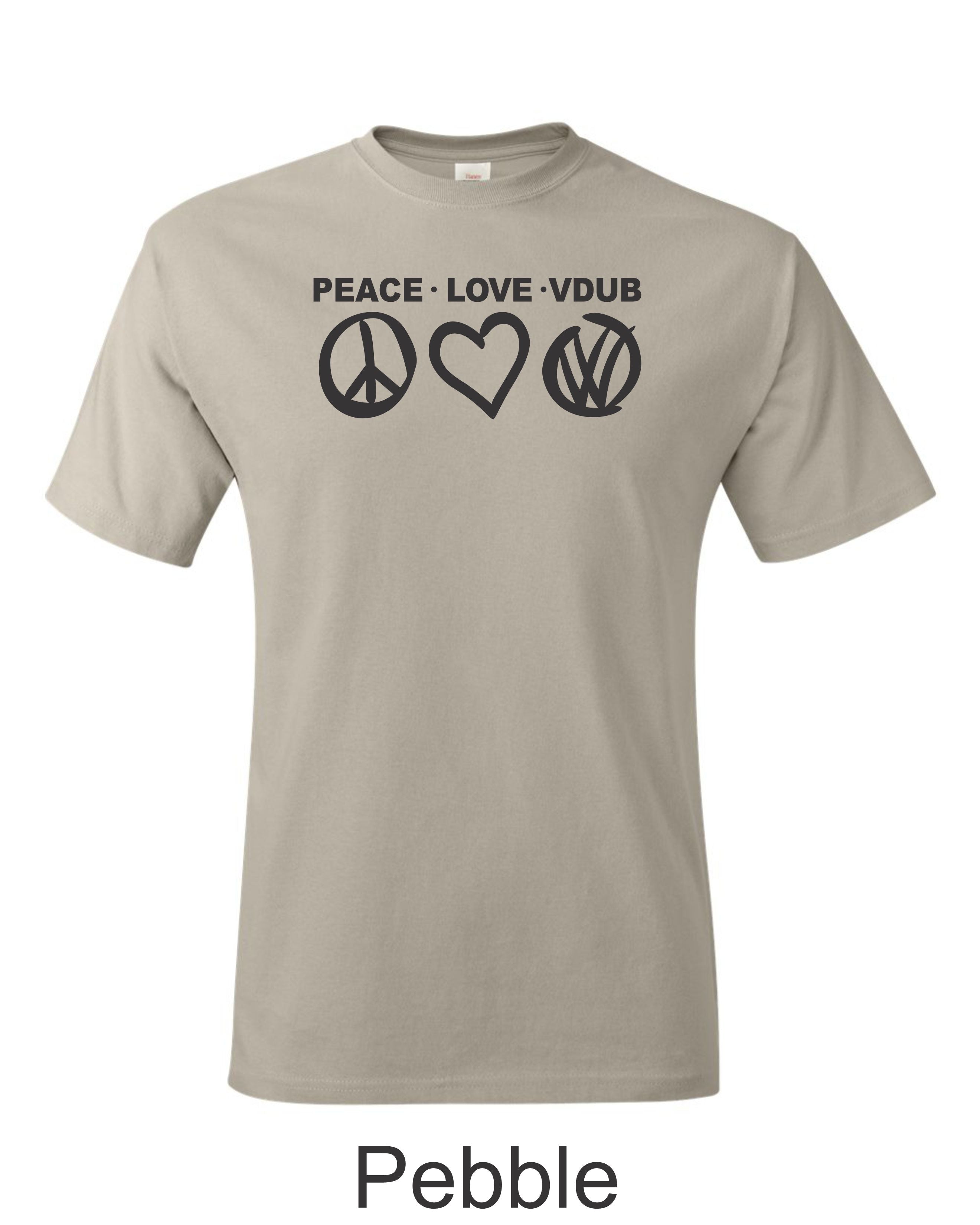 Peace Love VDUB print on mens shirt. Great gift for the Bug lover