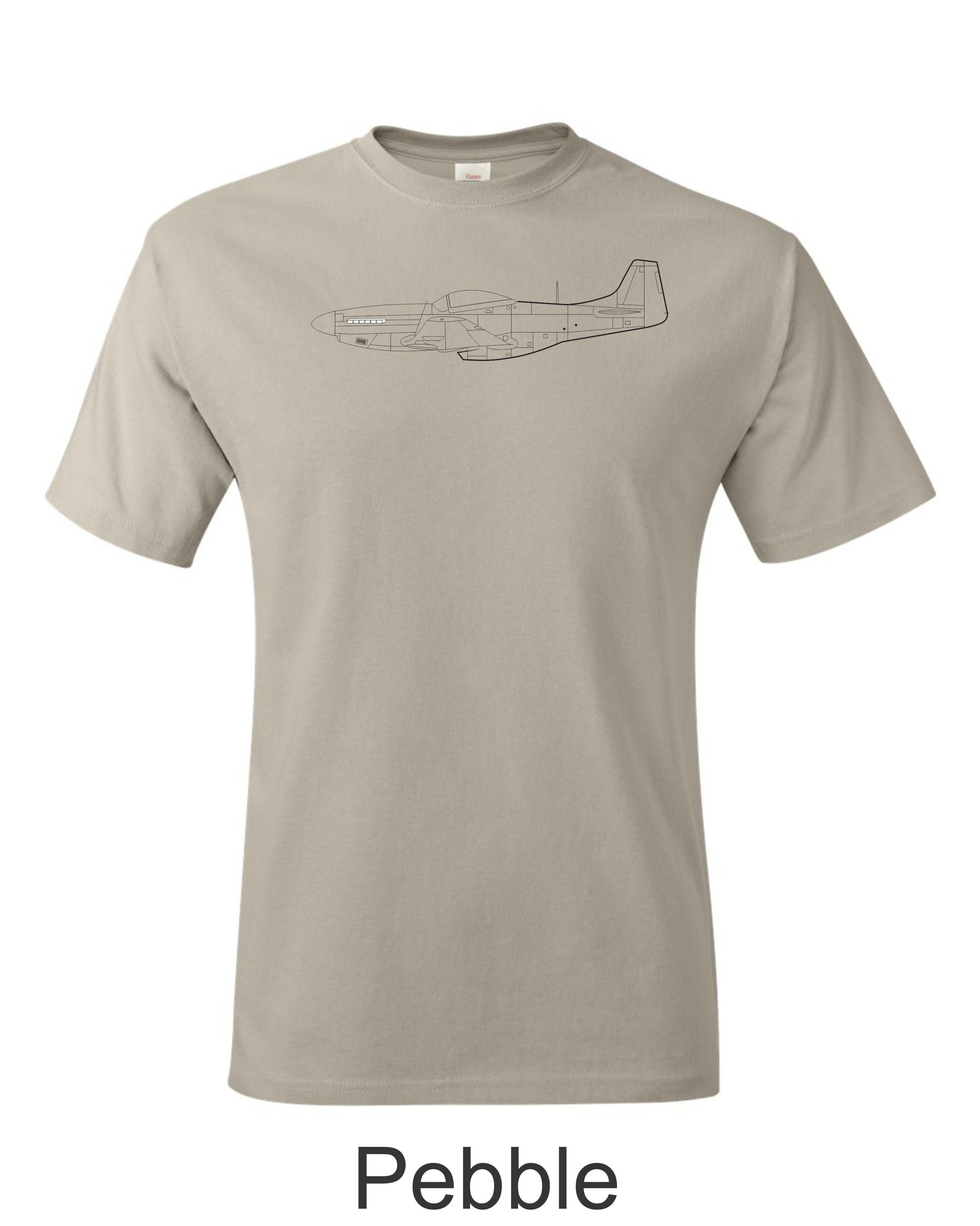 P 51 Mustang drawing printed on mens shirt.  Free Shipping.  Great gift for the warbird fan