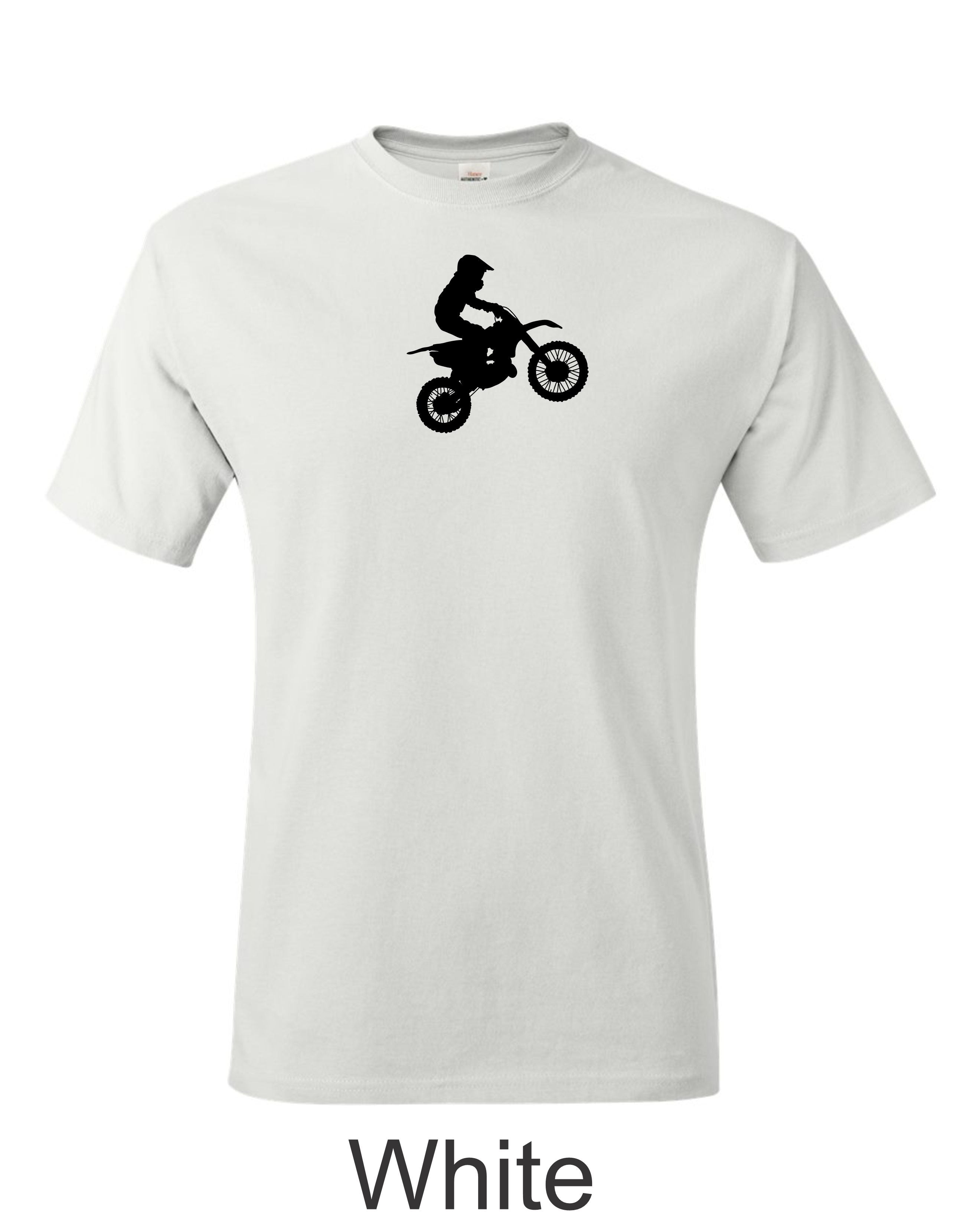 Kid Dirt bike rider drawing printed on men's shirt.  Kid riding dirtbike / motocross. Free Shipping.