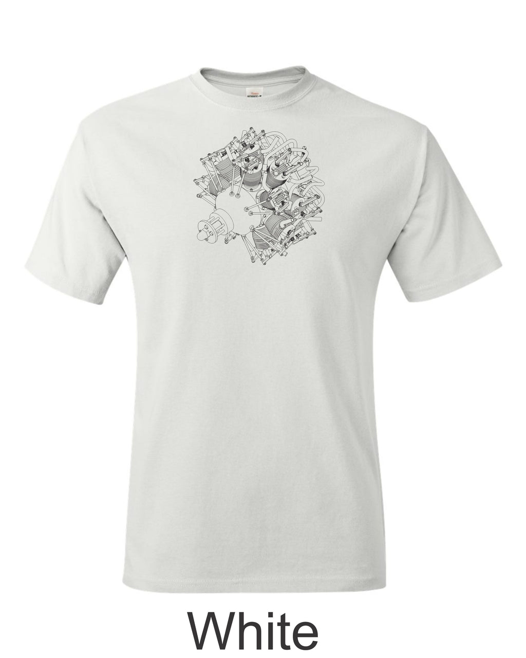 2 row radial engine drawing printed on men's shirt. Free shipping.