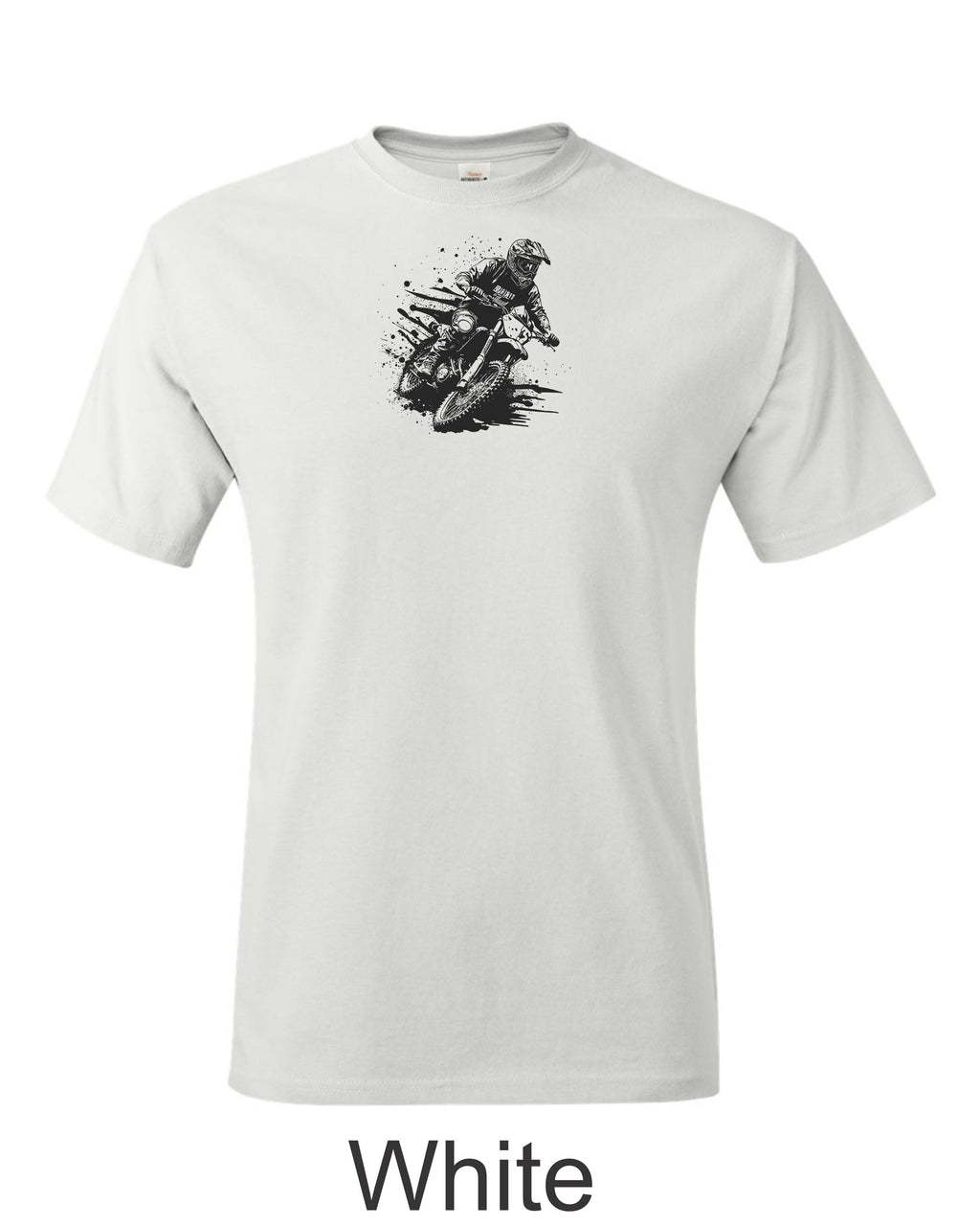 Motocross racer printed on mens shirt. Great for dirt bike rider.