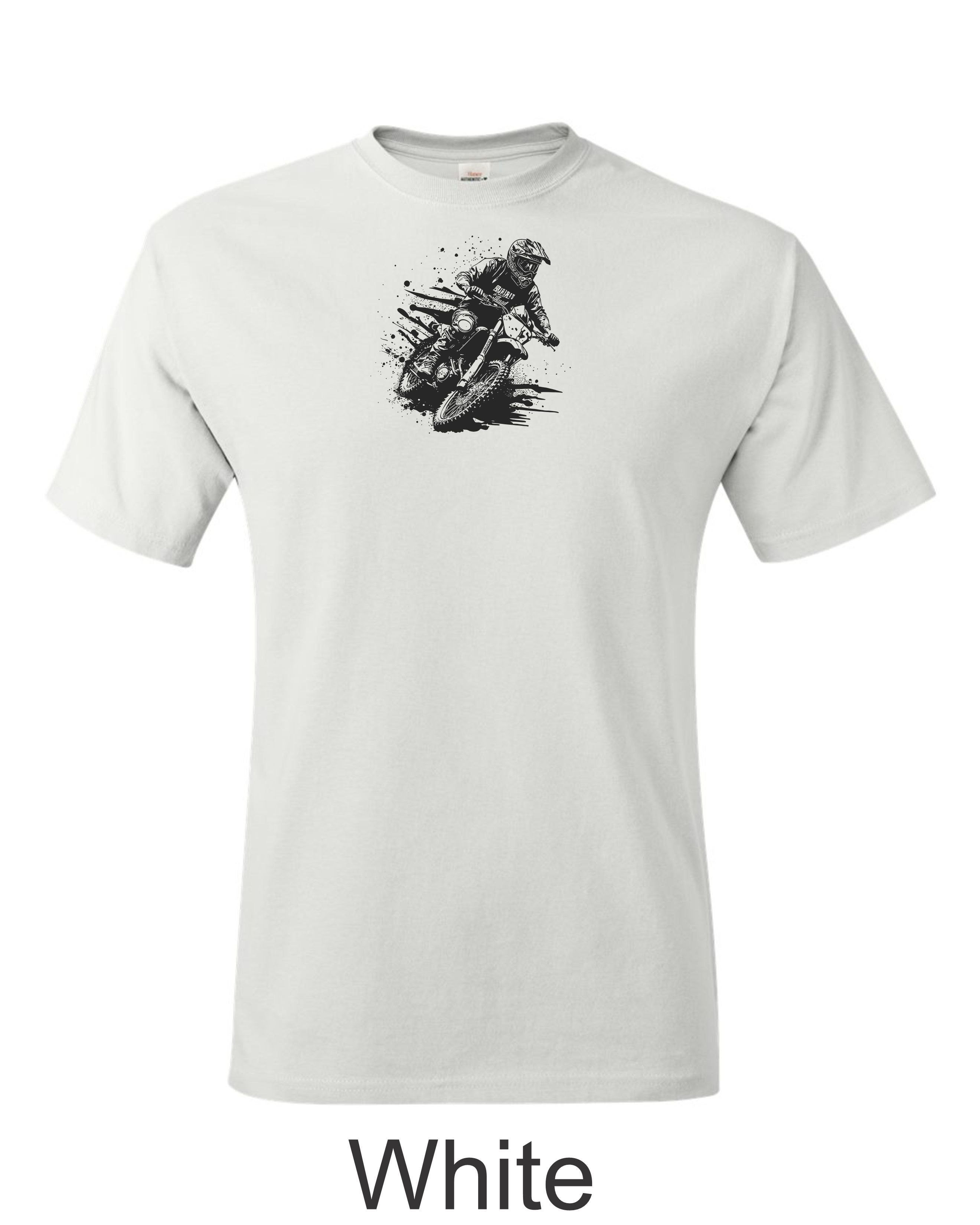 Motocross racer printed on mens shirt. Great for dirt bike rider.