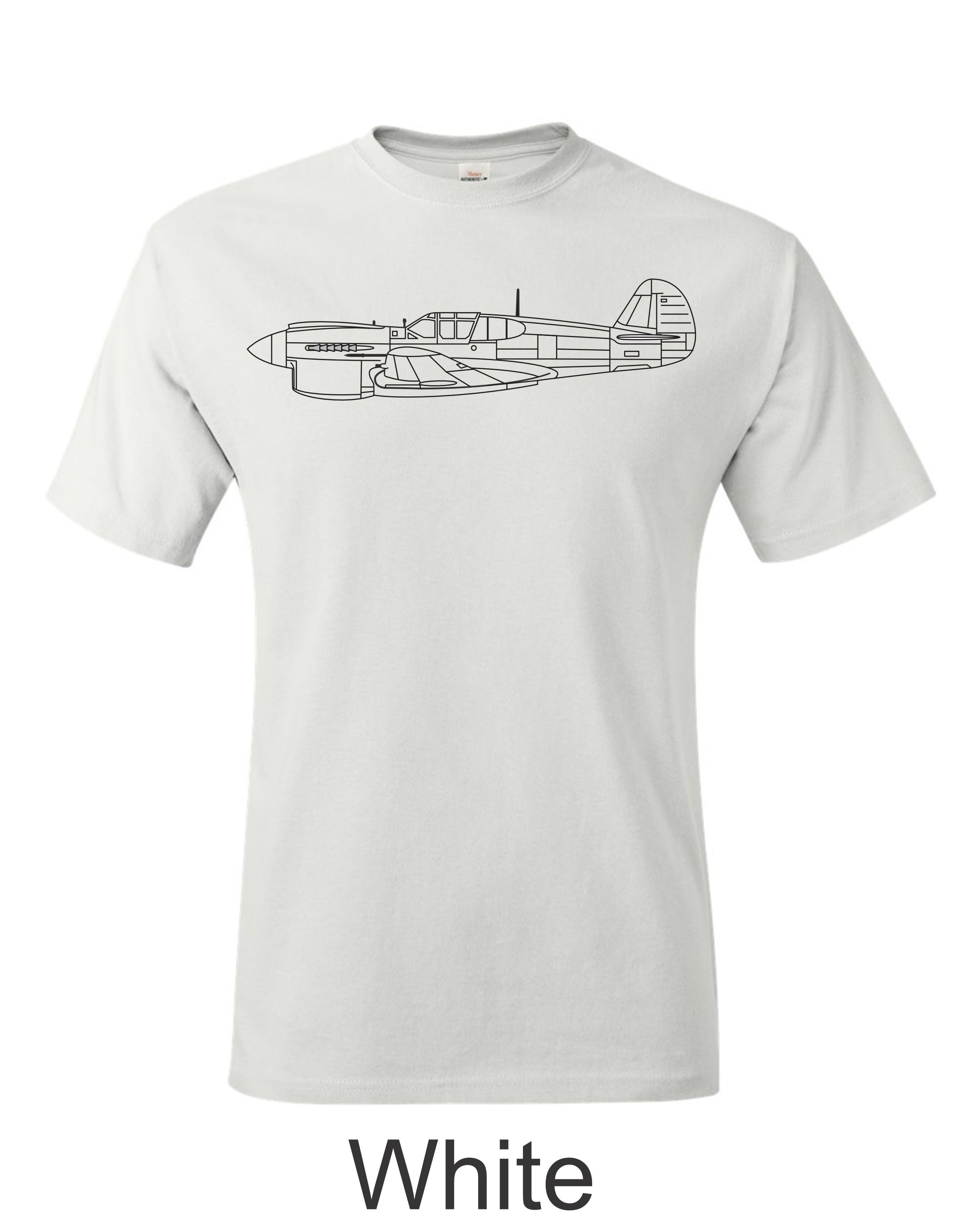 P 40 Warhawk drawing printed on men's shirt. Free Shipping. Famous WW2 fighter.