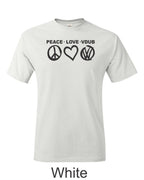 Peace Love VDUB print on mens shirt. Great gift for the Bug lover