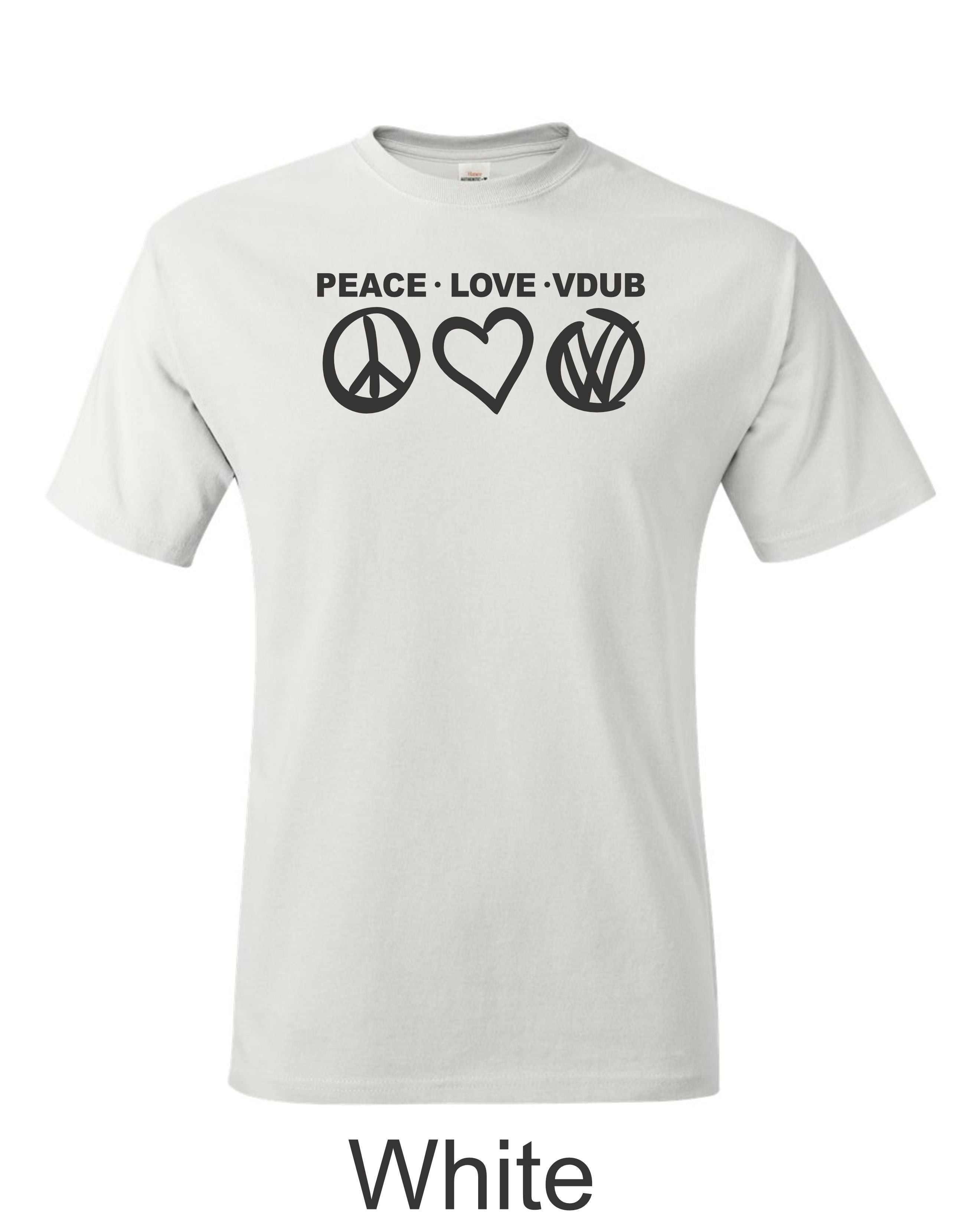 Peace Love VDUB print on mens shirt. Great gift for the Bug lover