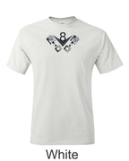 Vintage V8 and pistons print on mens shirt. Classic Hot Rod sign drawing