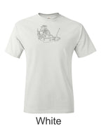 4 cylinder engine with transmission drawing printed on mens shirt. great for the vintage car guy