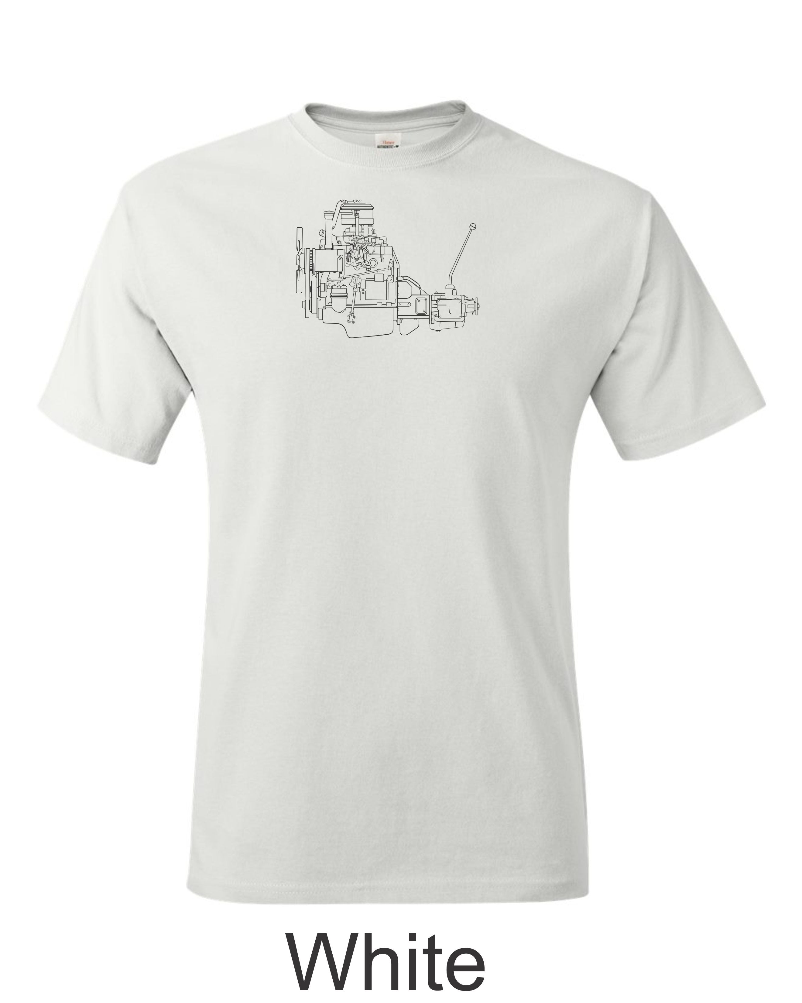 4 cylinder engine with transmission drawing printed on mens shirt. great for the vintage car guy