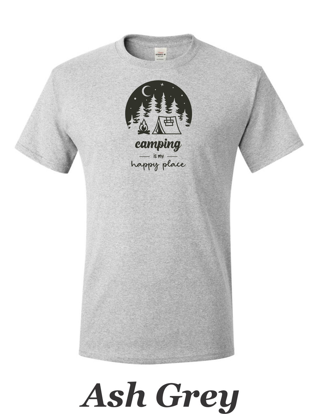 Camping is my happy place printed on mens shirt. Great gift for the weekend camper.