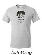 Camping is my happy place printed on mens shirt. Great gift for the weekend camper.