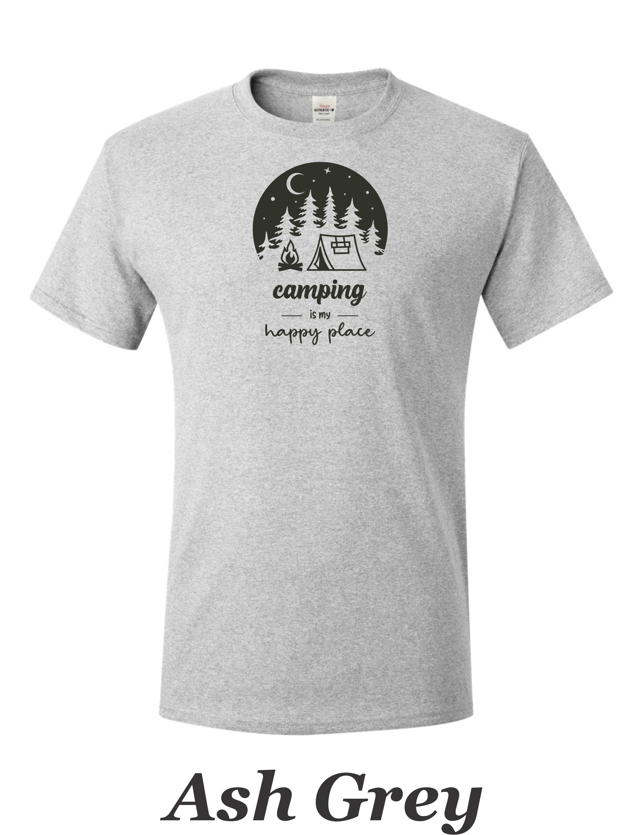 Camping is my happy place printed on mens shirt. Great gift for the weekend camper.