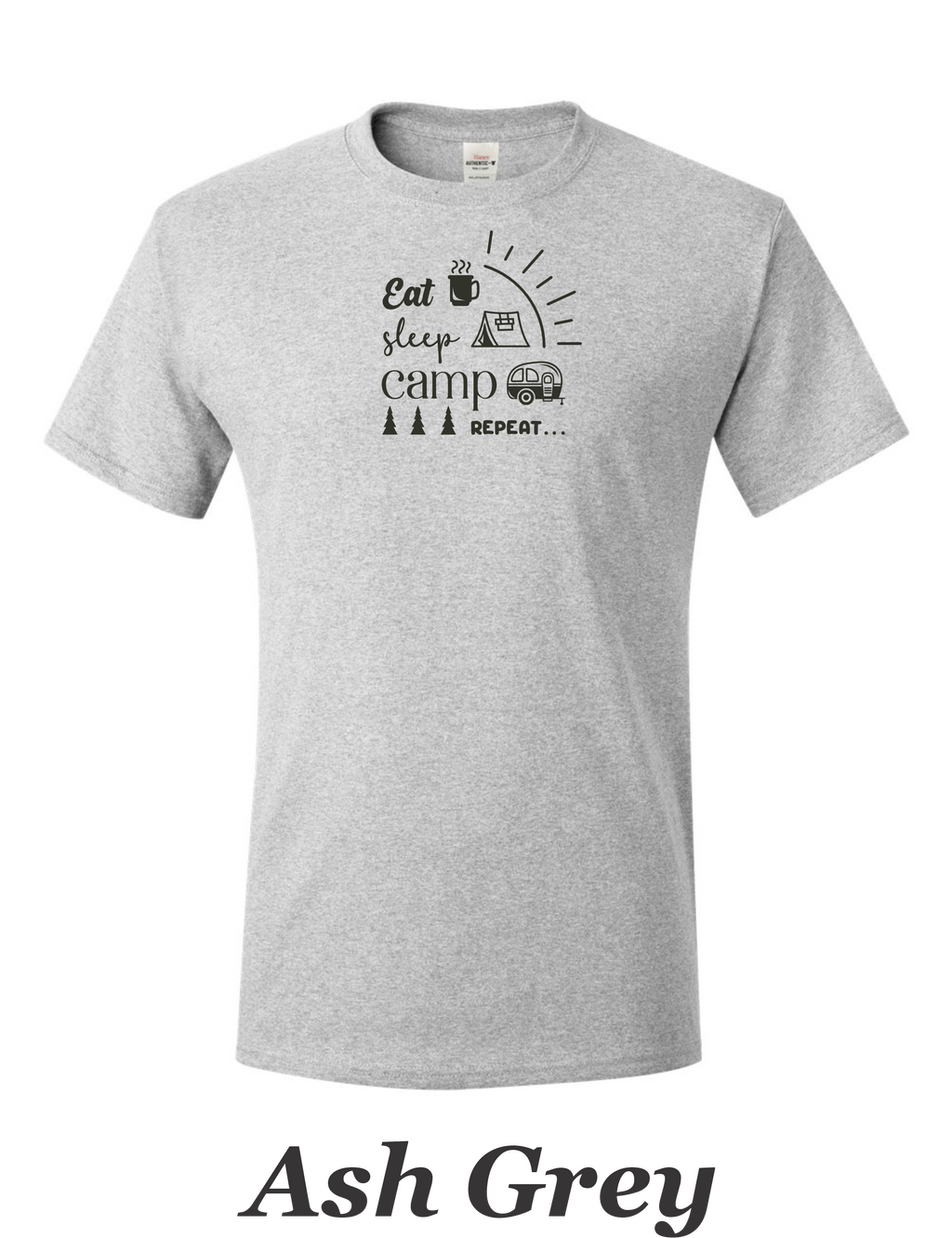 Eat, Sleep, Camp, Repeat print on mens shirt. Great gift for the camper.