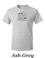 Eat, Sleep, Camp, Repeat print on mens shirt. Great gift for the camper.