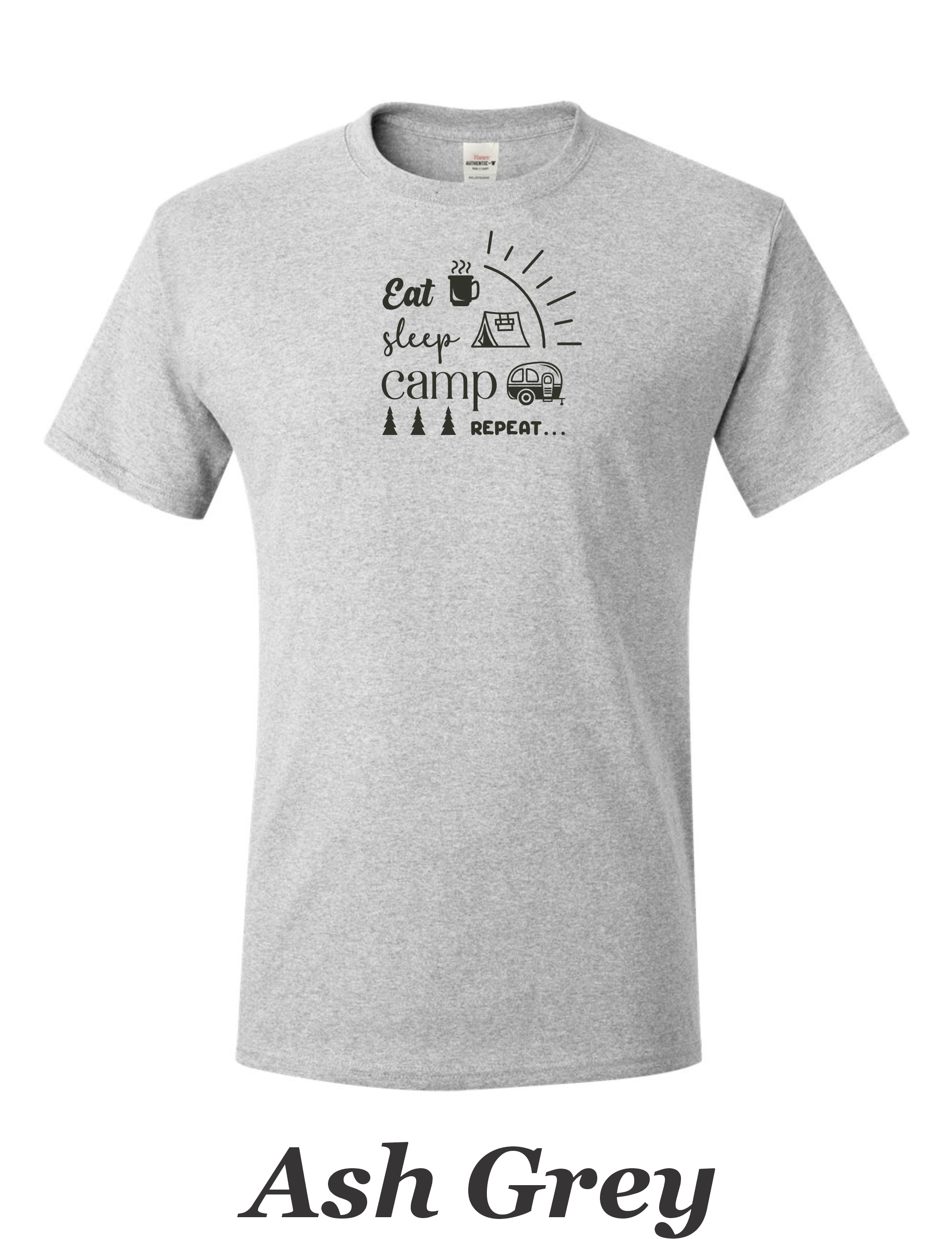 Eat, Sleep, Camp, Repeat print on mens shirt. Great gift for the camper.