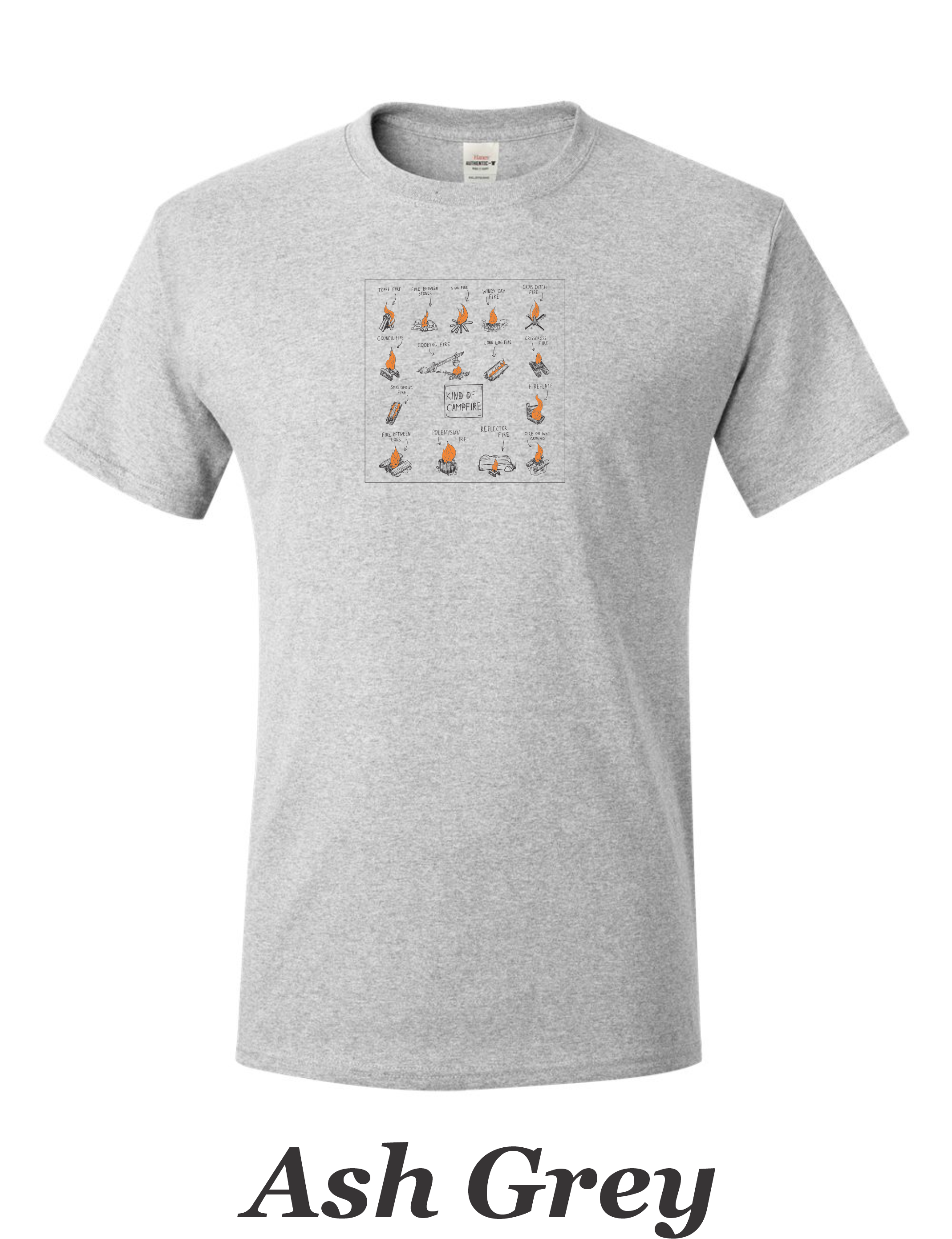 Types of campfires printed on mens shirt. Great camping shirt for Him.