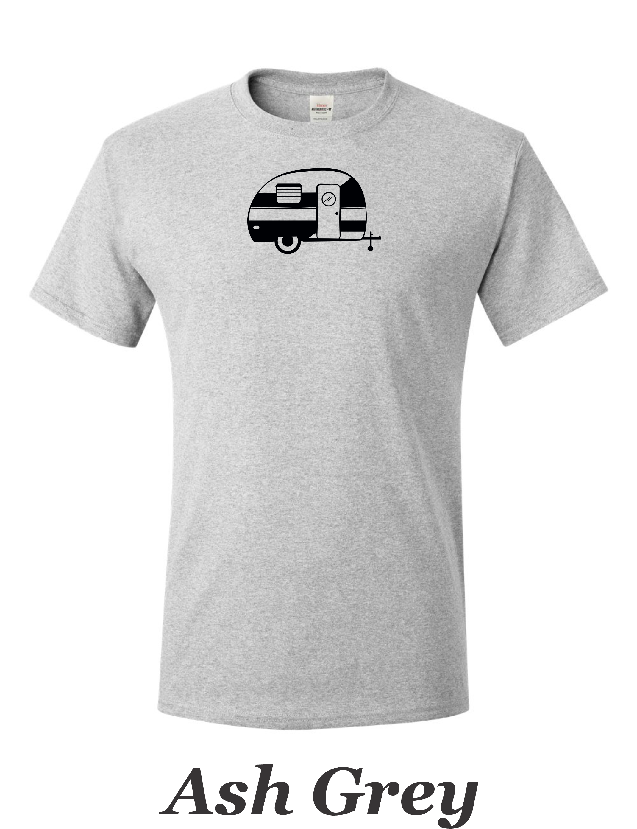 Canned Ham 50-60's trailer drawing print on mens shirt.  Great gift for Shasta trailer fan.