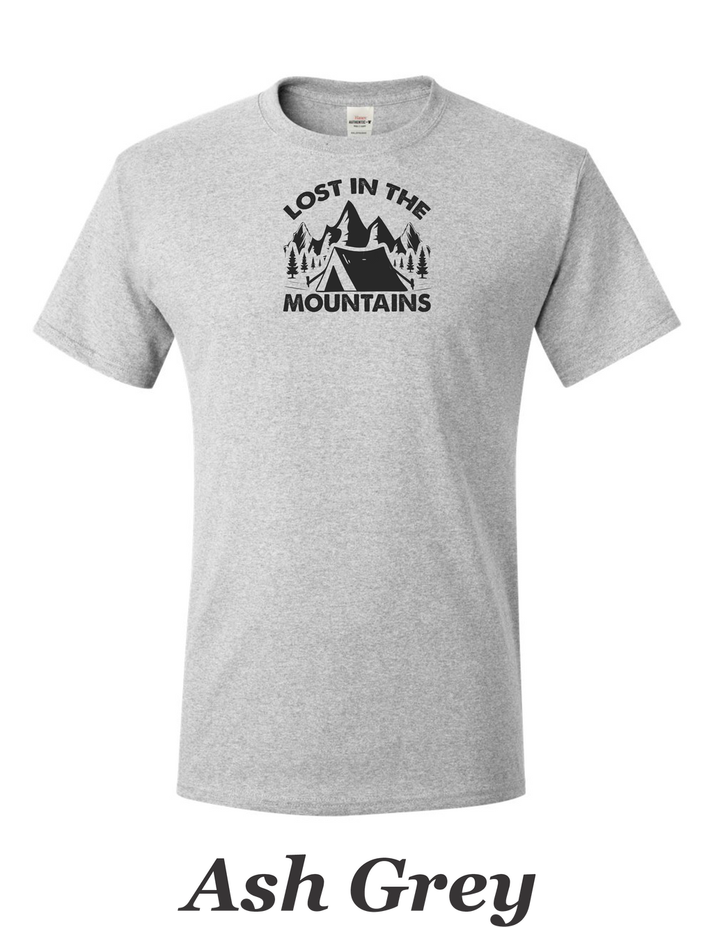 Lost in the Mountains print on mens shirt.  Camping and Hiking shirt.