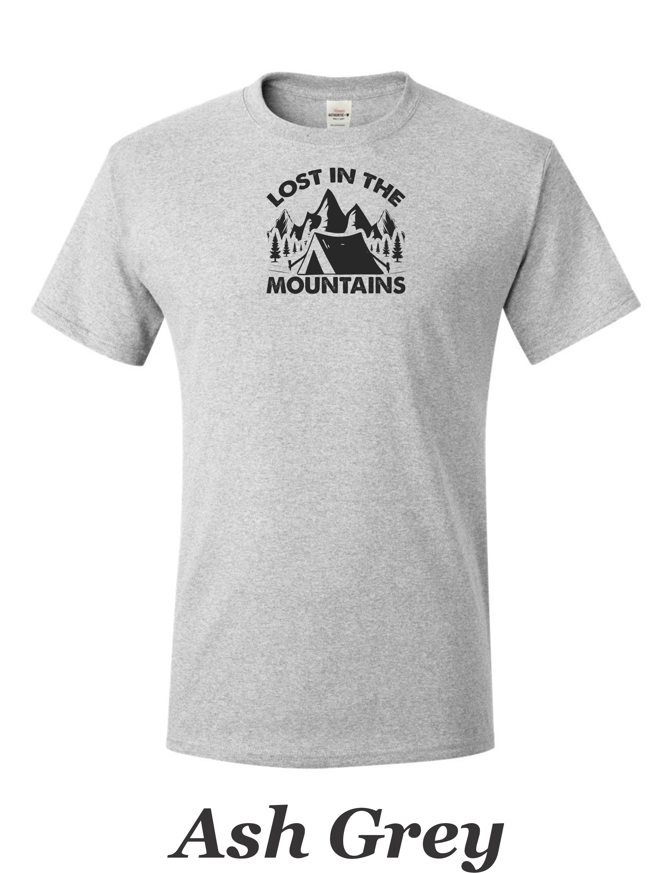 Lost in the Mountains print on mens shirt.  Camping and Hiking shirt.