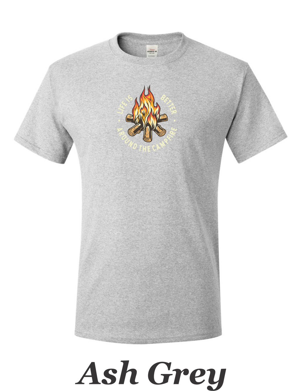 Color drawing of life is better around the campfire print on mens shirt.