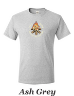 Color drawing of life is better around the campfire print on mens shirt.