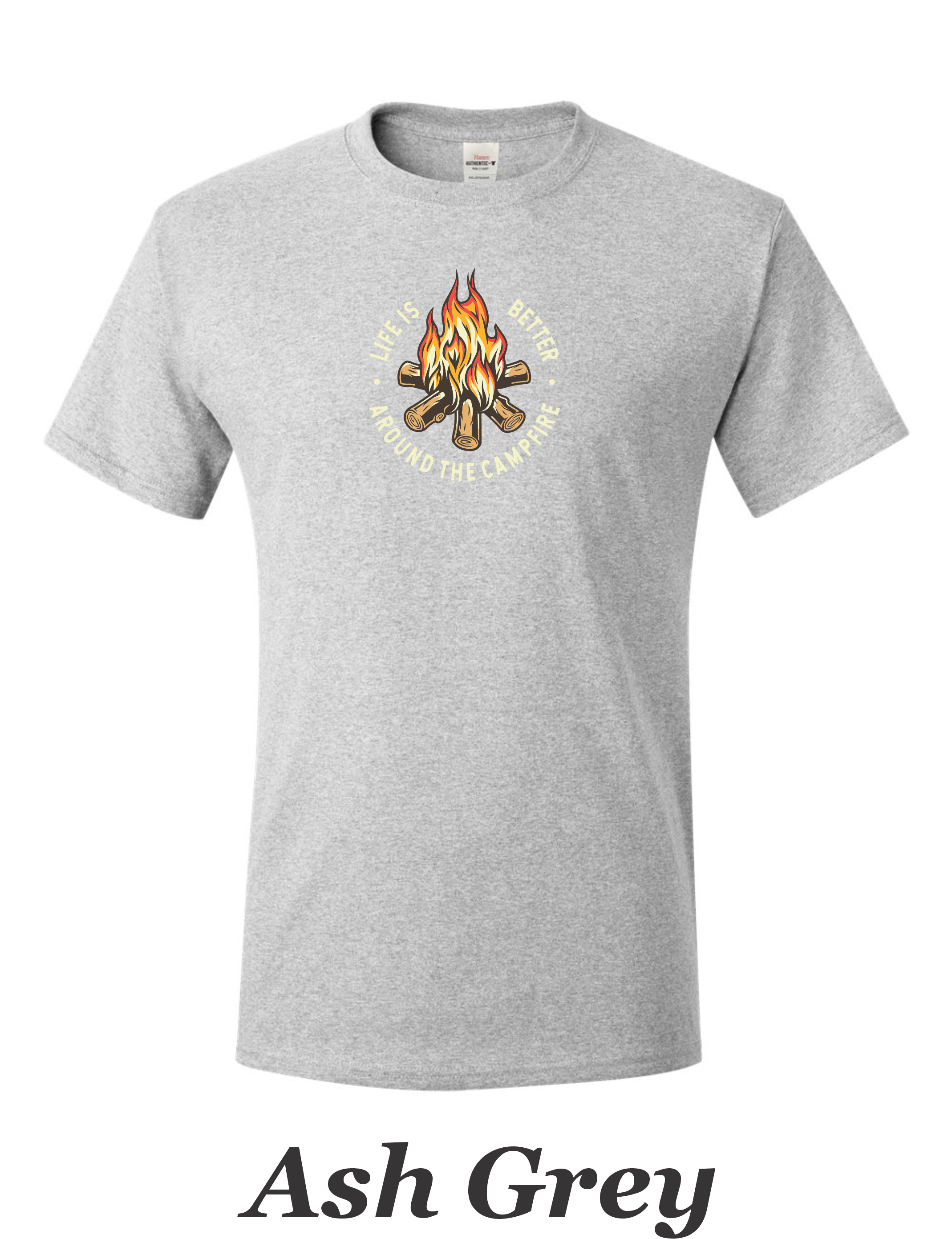 Color drawing of life is better around the campfire print on mens shirt.