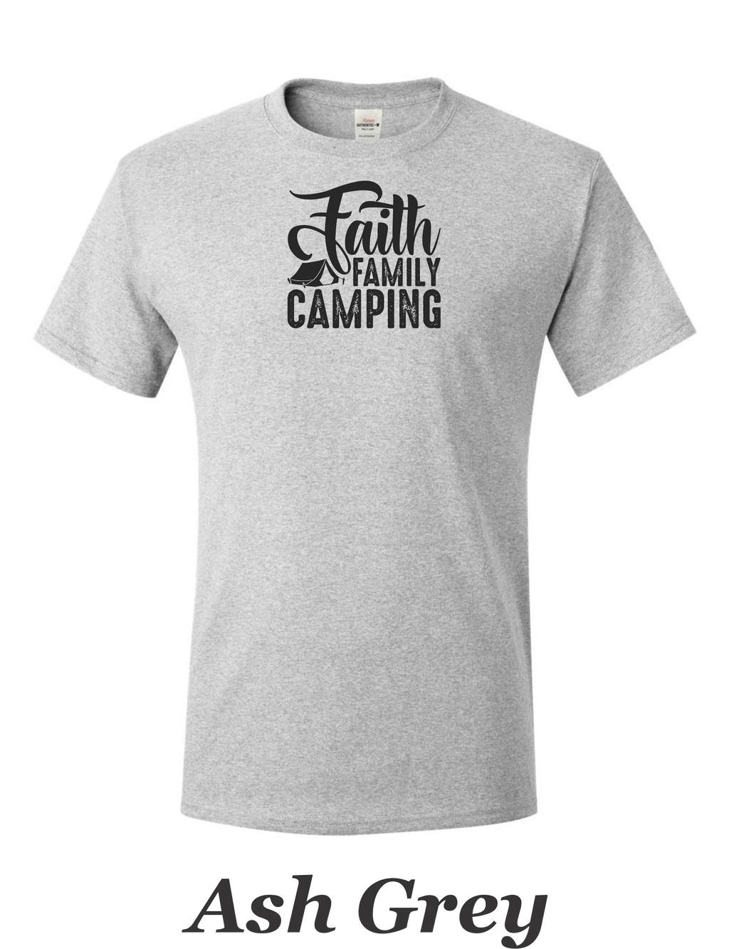 Faith Family Camping drawing on mens shirt.  Great shirt for family camping trips.