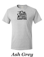Faith Family Camping drawing on mens shirt.  Great shirt for family camping trips.