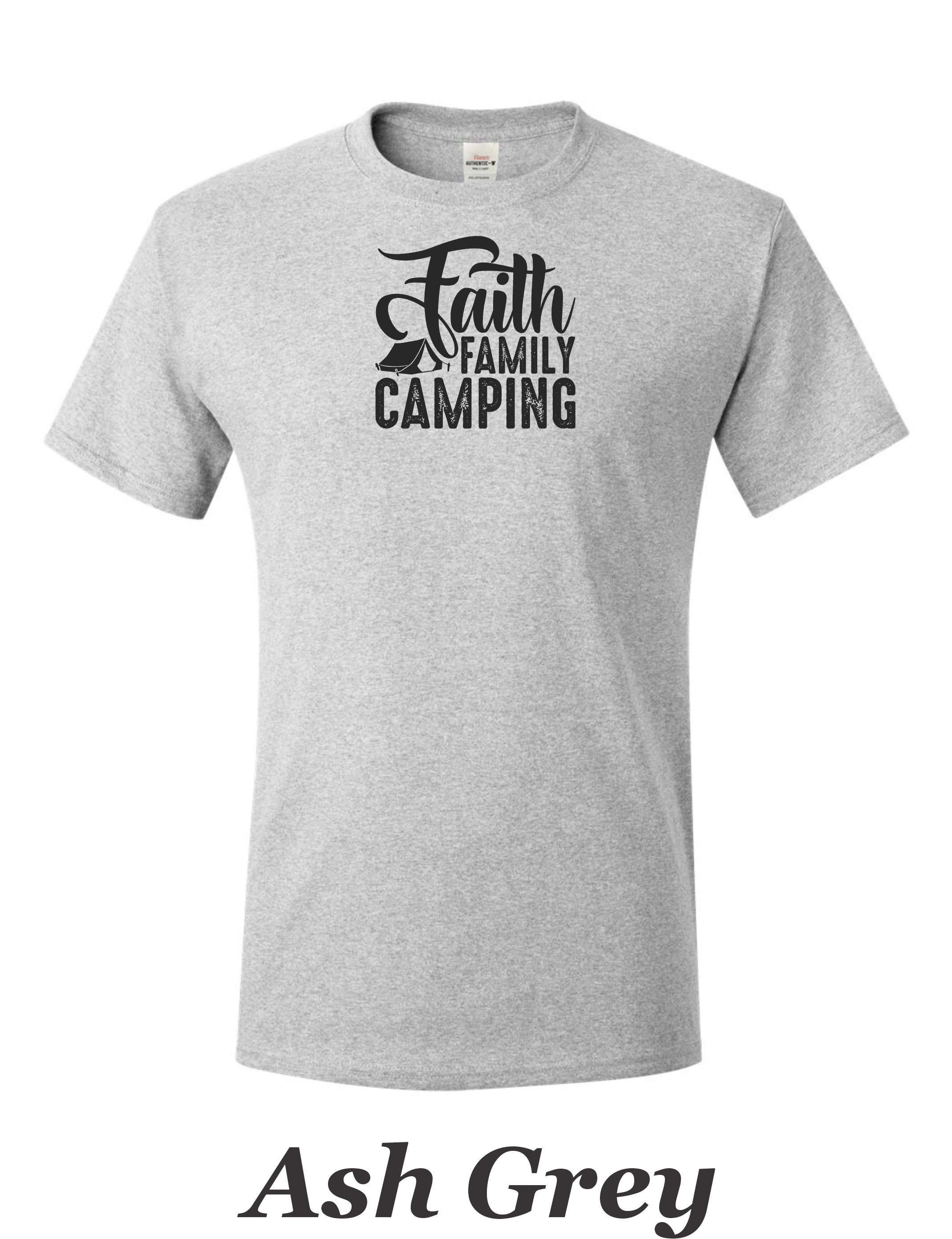 Faith Family Camping drawing on mens shirt.  Great shirt for family camping trips.