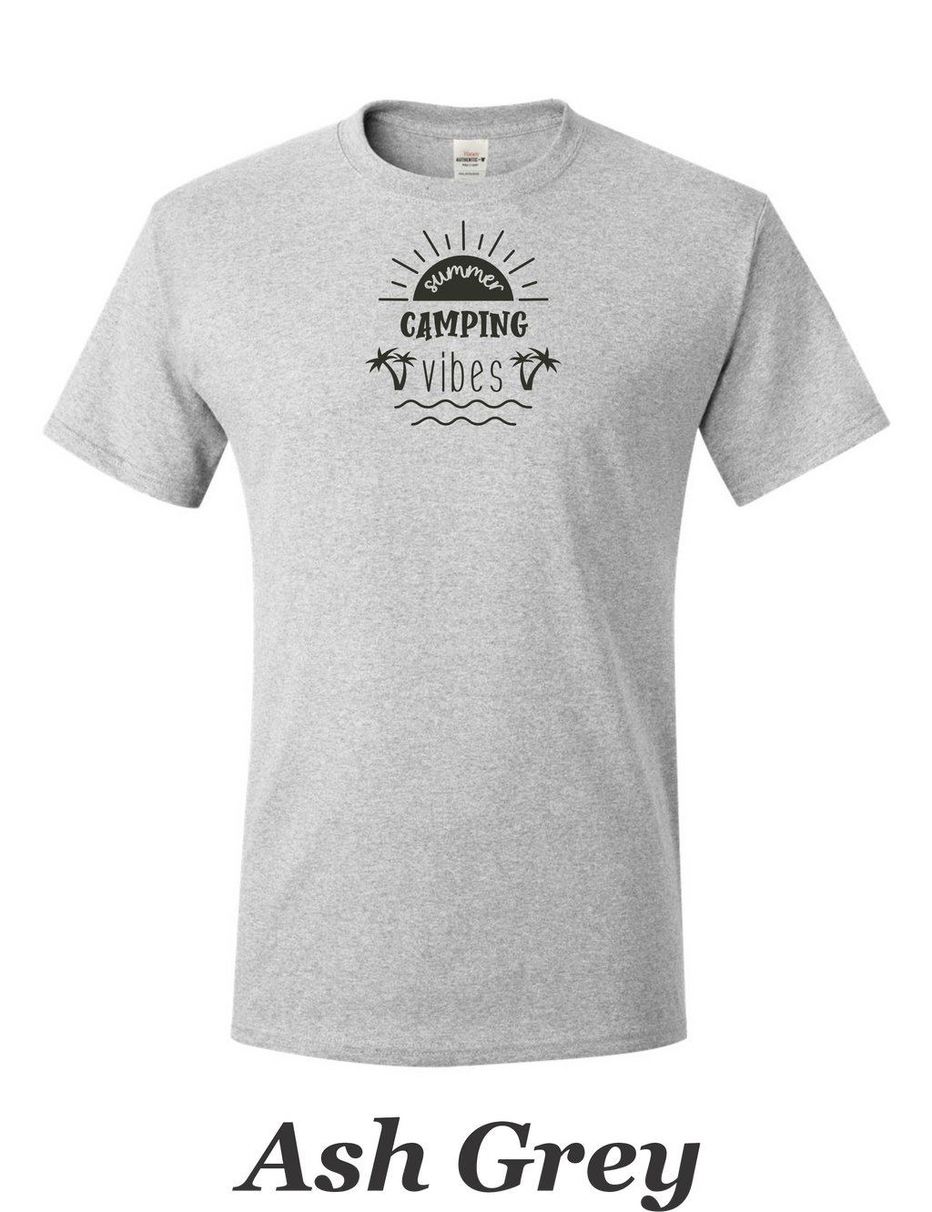 Summer Camping Vibes drawing printed on mens shirt.  Great camping shirt.