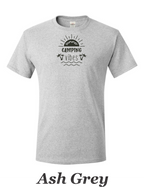 Summer Camping Vibes drawing printed on mens shirt.  Great camping shirt.