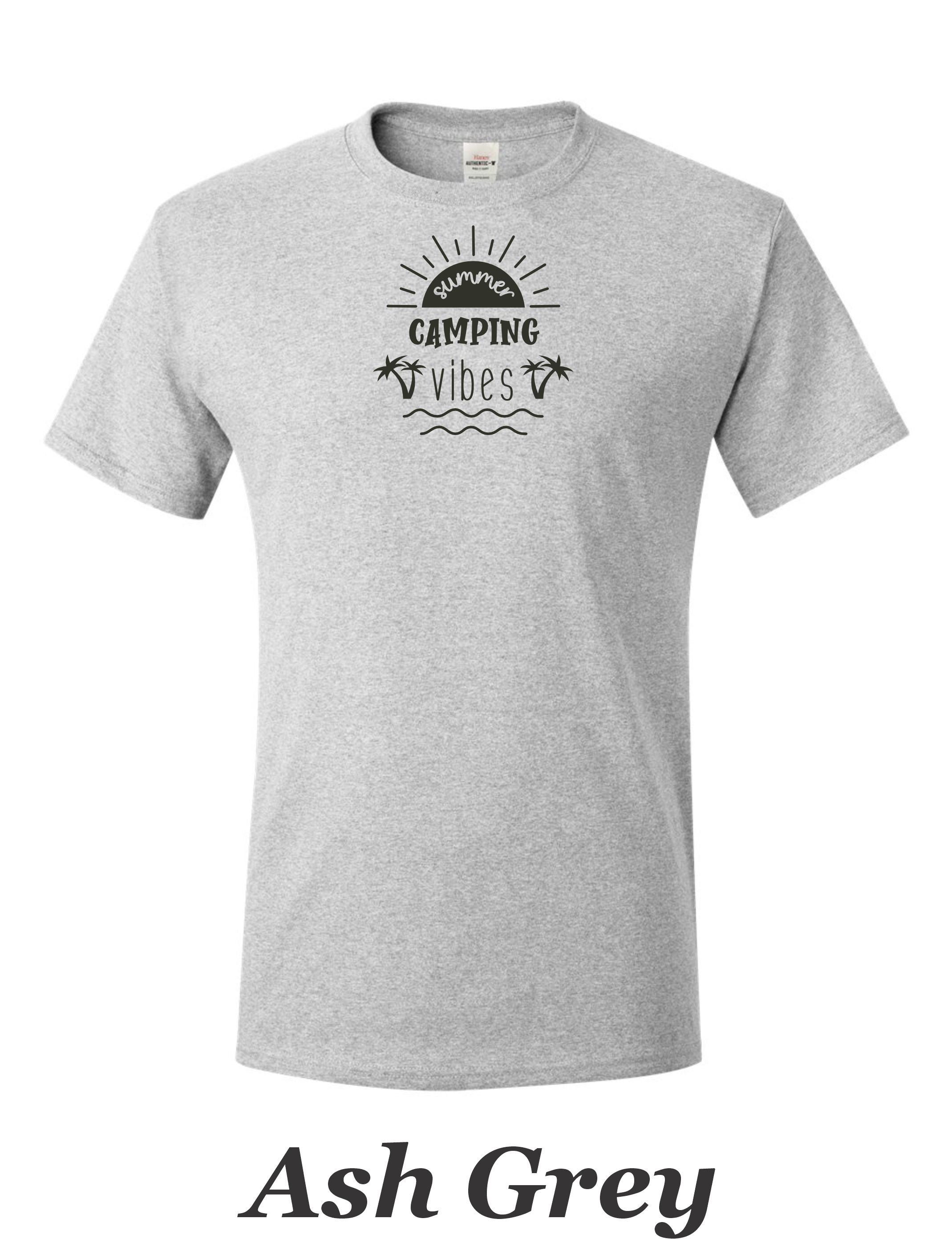 Summer Camping Vibes drawing printed on mens shirt.  Great camping shirt.