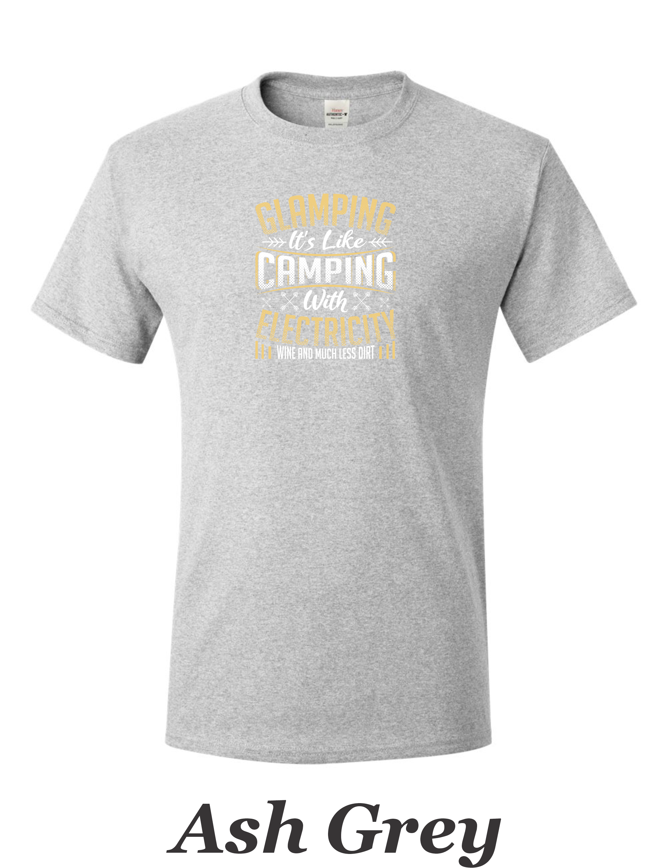 Glamping is like camping but with electricity and wine printed on mens shirt.