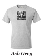 Weekends, Coffee, and Campfires print on mens shirt.  Great gift for his weekend.
