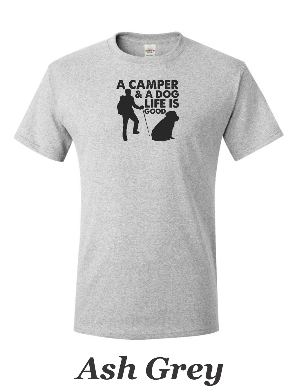 Camper and a dog, Life is good print on mens shirt. Gift for him