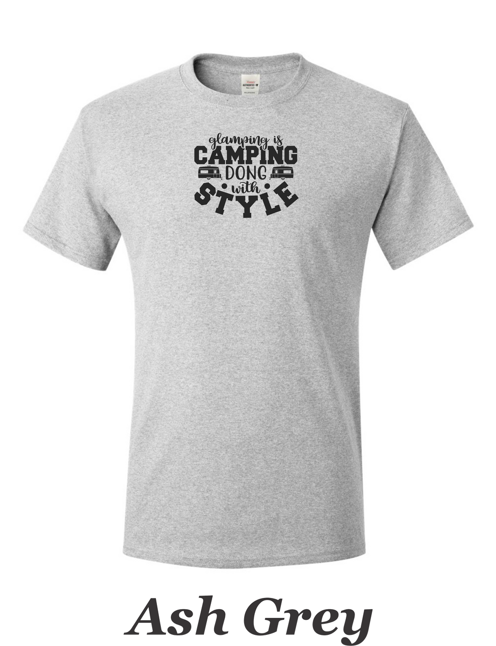 Glamping is Camping done with style printed on mens shirt.