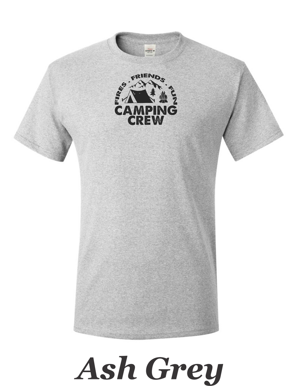 Fire Friends Fun Camping crew print on mens shirt.  Great shirt for group camping.