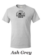 Fire Friends Fun Camping crew print on mens shirt.  Great shirt for group camping.