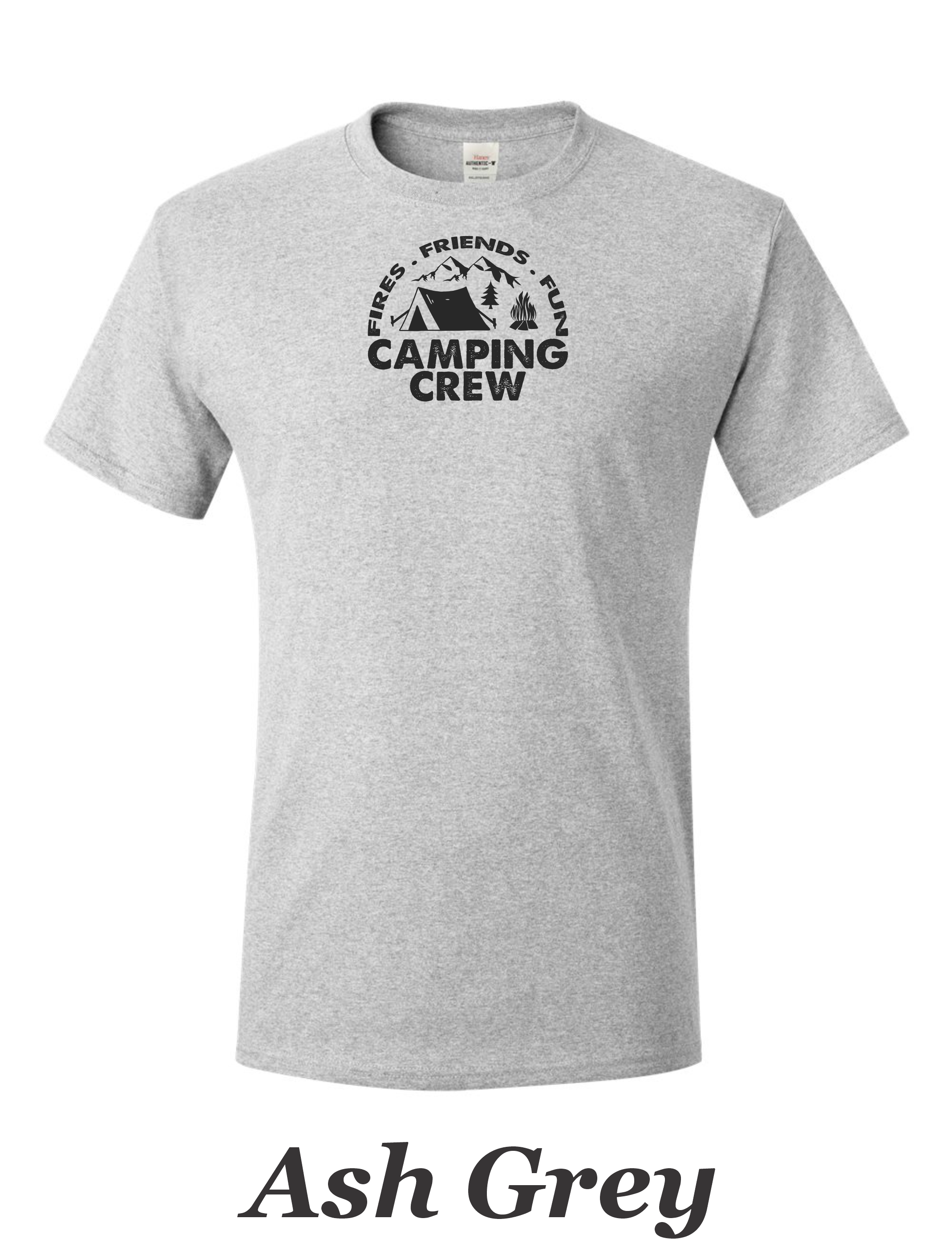 Fire Friends Fun Camping crew print on mens shirt.  Great shirt for group camping.