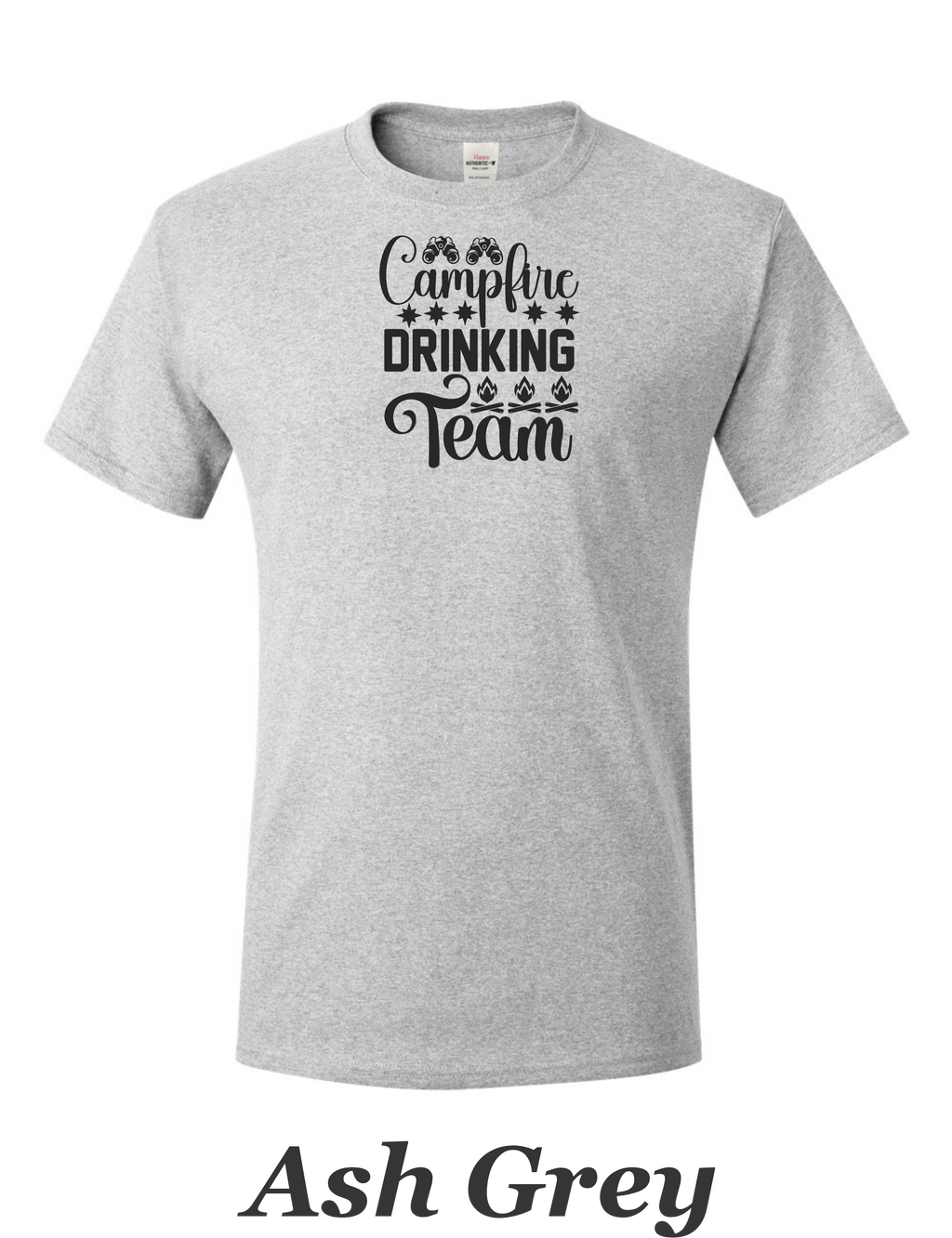 Campfire Drinking Team drawing printed on men's shirt.  Great Camping shirt for Him.