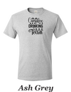 Campfire Drinking Team drawing printed on men's shirt.  Great Camping shirt for Him.