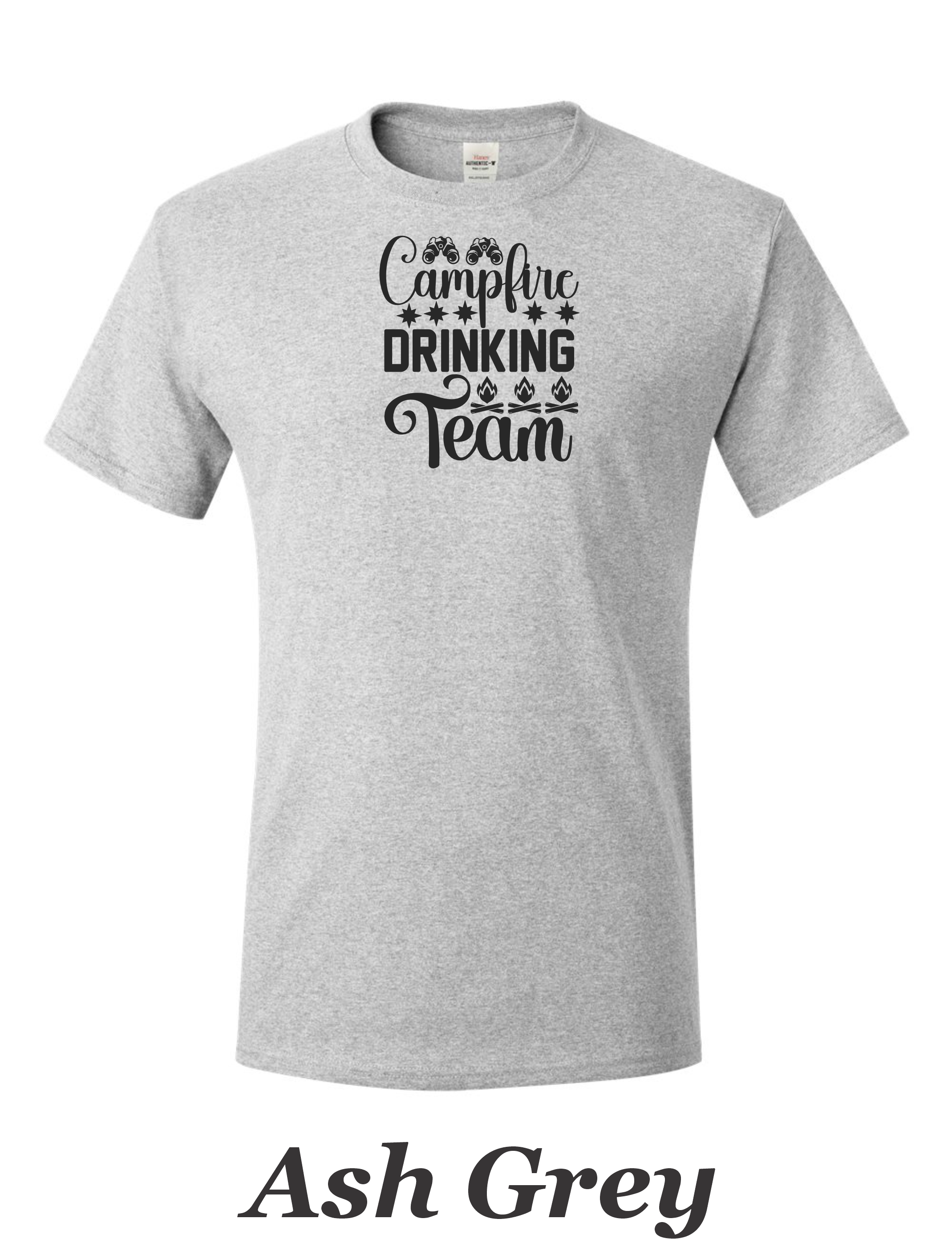 Campfire Drinking Team drawing printed on men's shirt.  Great Camping shirt for Him.